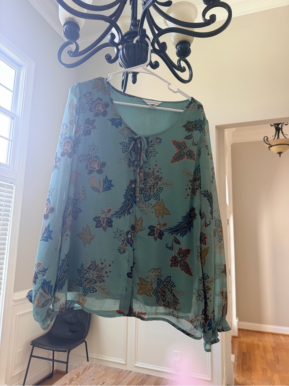 Christopher & Banks Teal Floral Paisley Tie-Neck Blouse